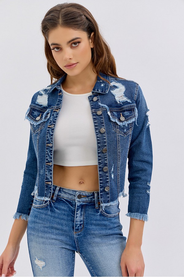 Mid Length Denim Jacket with All Over Fray Edges